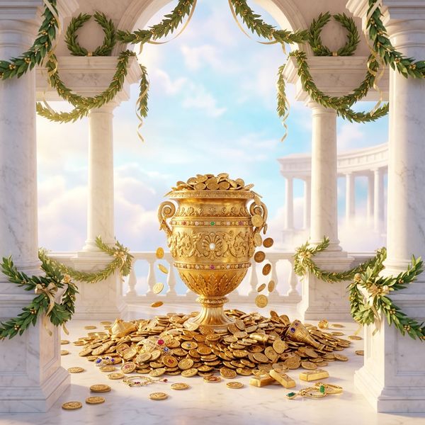 Ornate gold urn spilling coins under marble columns