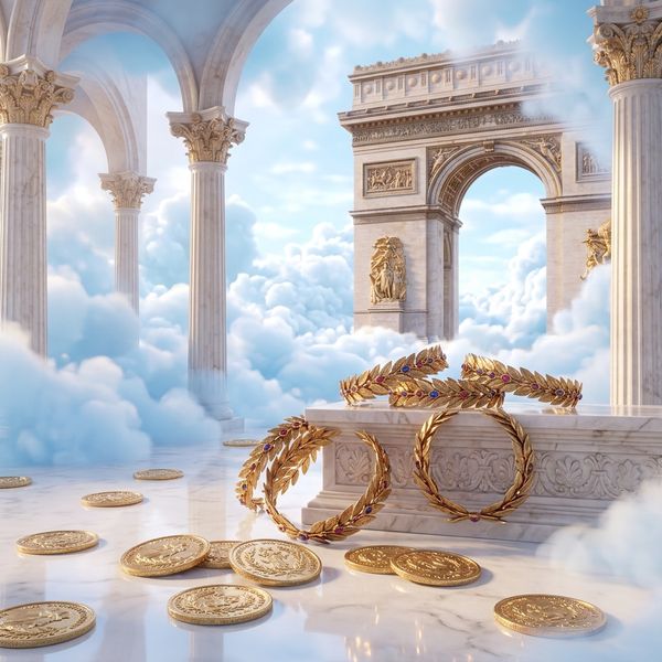 Marble arch with gold laurel wreaths under bright sky