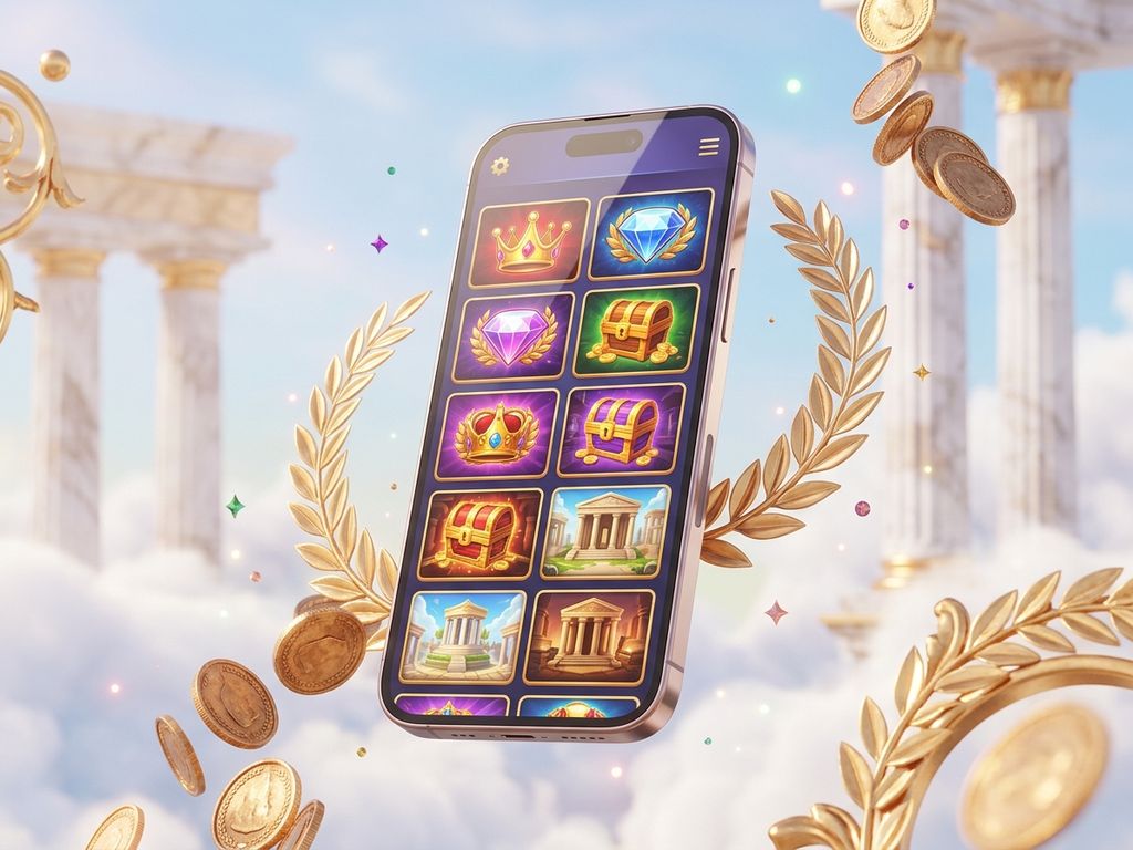 Smartphone displaying casino lobby floating above gold coins